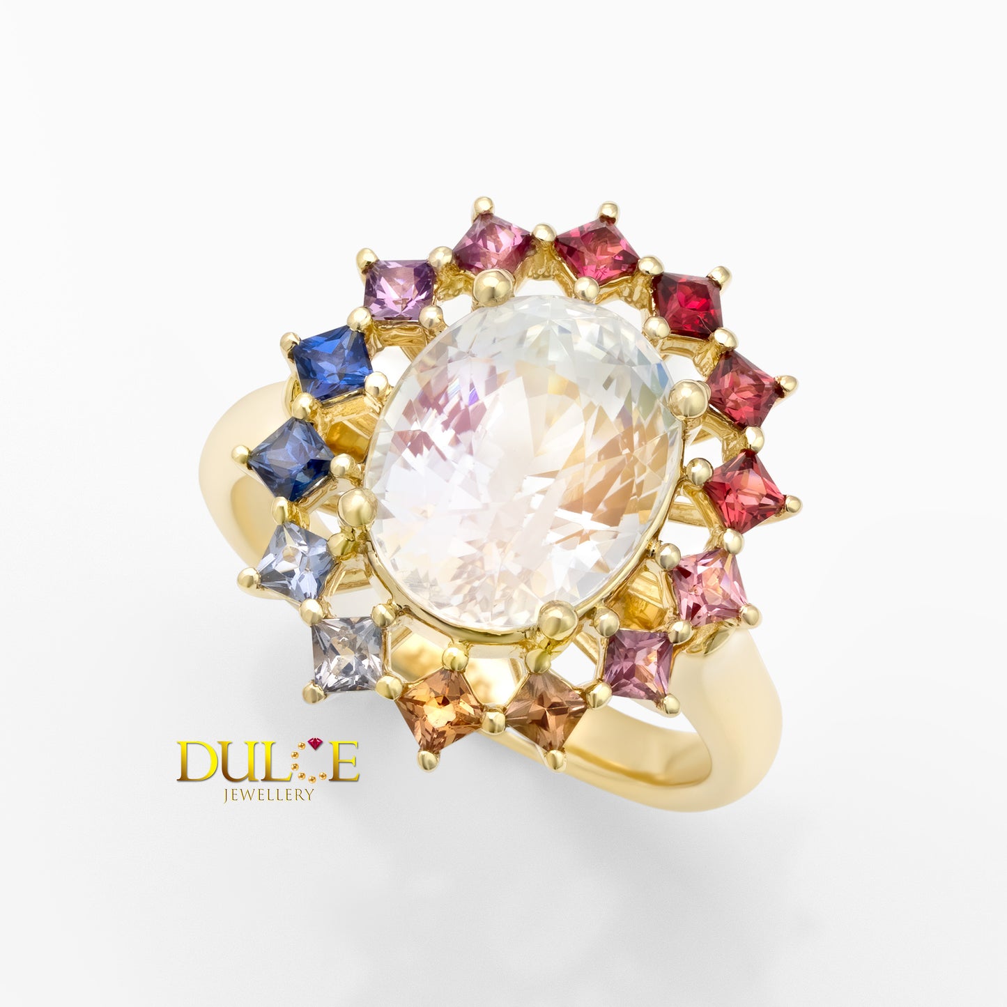 14K Gold Rainbow Moonstone & Spinel Ring