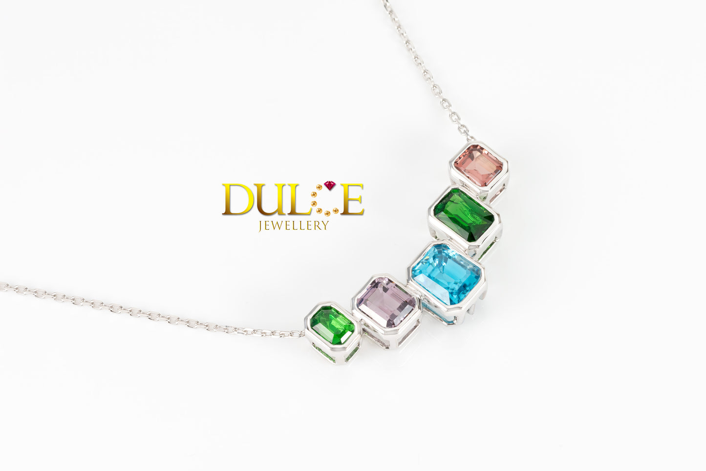 18K White Gold Multi-color Blue Zircon, Tsavorite & Spinel Necklace (GNBZ5250)