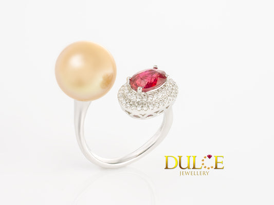18K Gold Ruby & Golden Southsea Pearl Diamond Ring (GRRUBY&P6401)