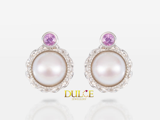 Pink Sapphire & Freshwater Mabe Silver Earrings