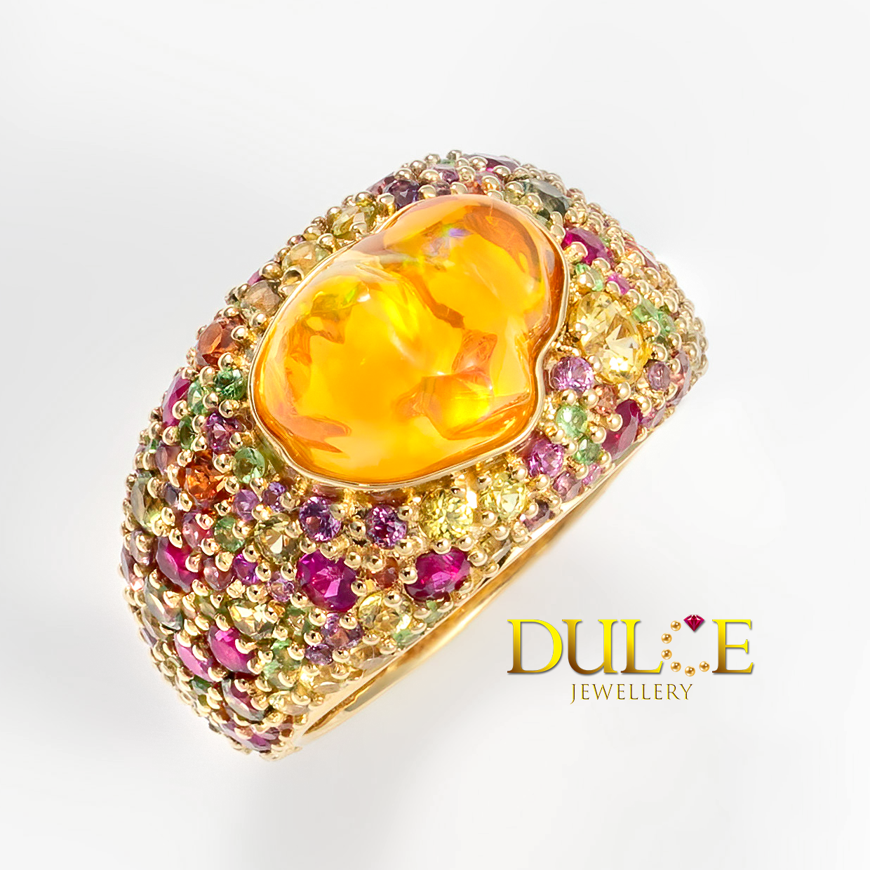 18K Gold Fire Opal & Multi-color Gemstone Ring