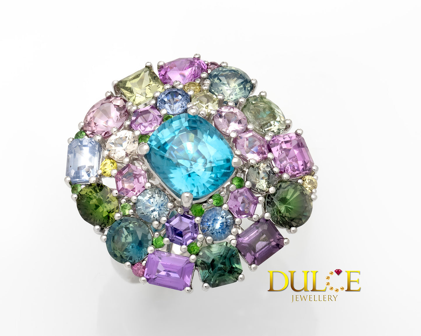 18K Gold Blue Zircon & Multi-Color Gemstone Dual Purpose Ring/Pendant