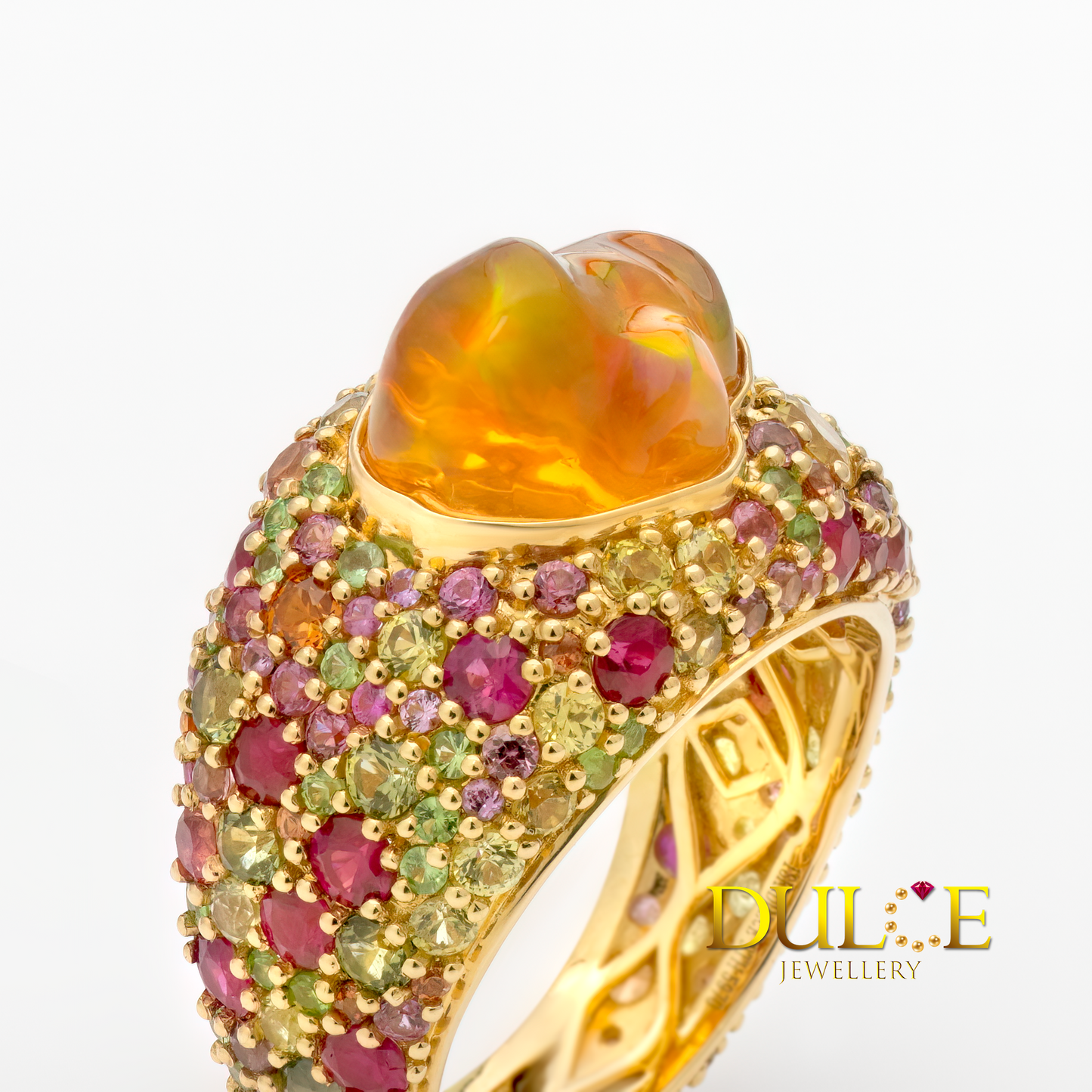 18K Gold Fire Opal & Multi-color Gemstone Ring