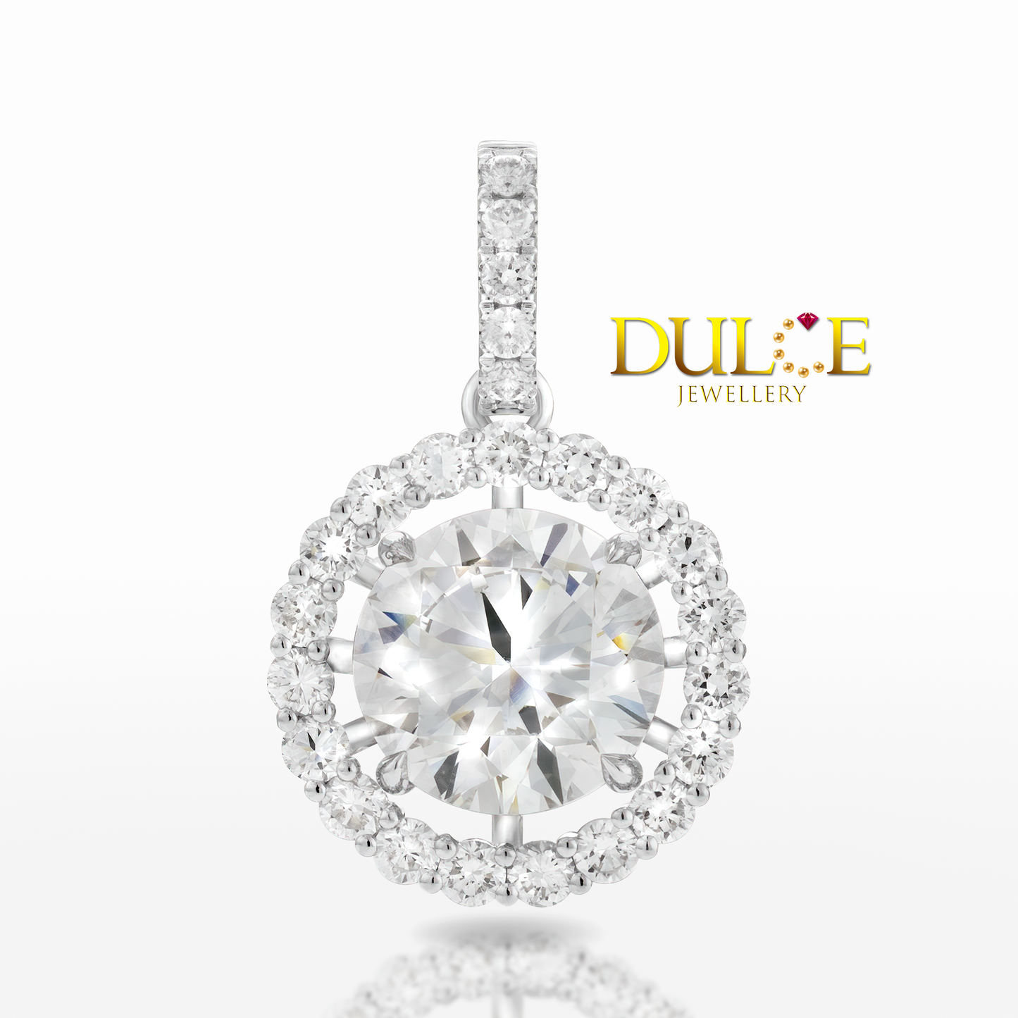 Diamond pendant with 'Dulce Jewellery' logo on a white background