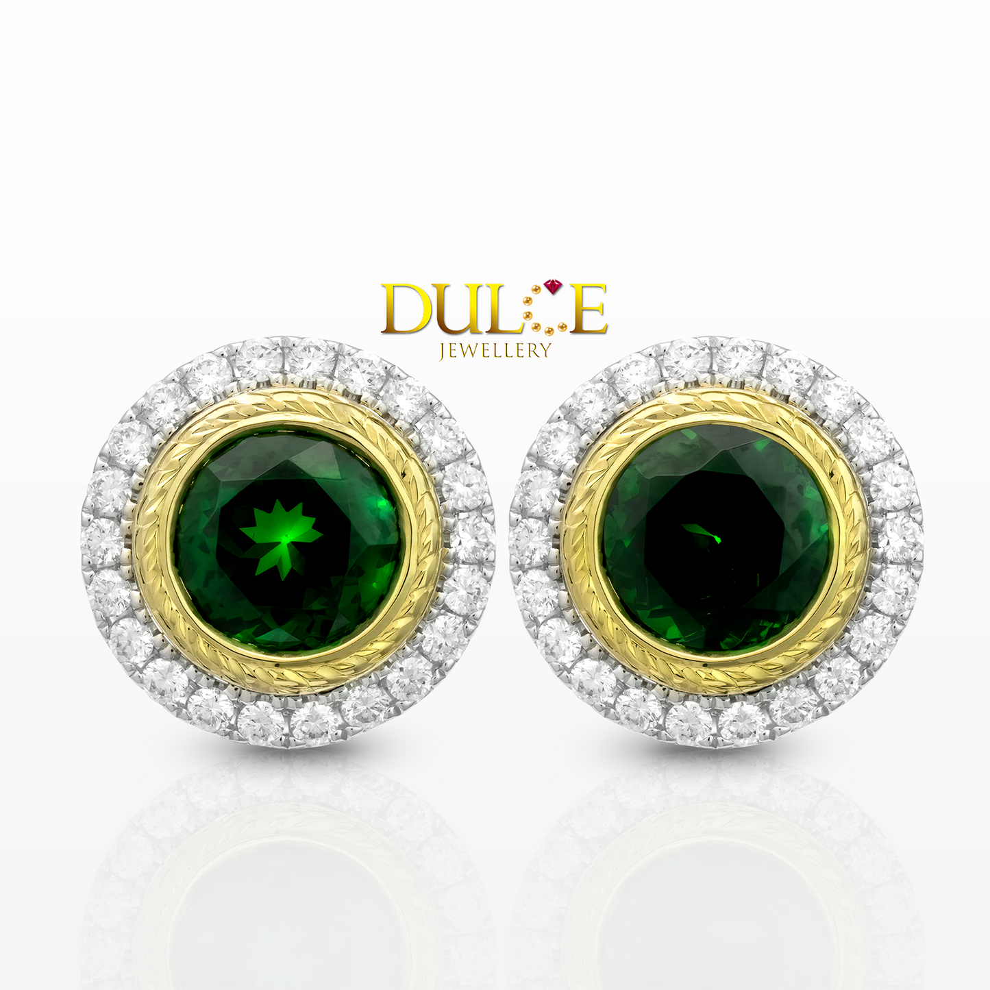 Gold and silver earrings with green gemstones on a white background, branded 'Dulie Jewellery'.