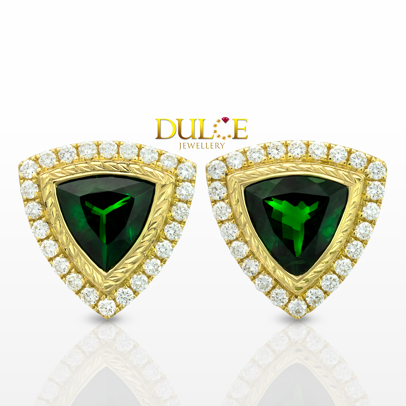 Gold-trimmed earrings with green gemstones and diamond accents on a white background, featuring the Dulie Jewellery brand.