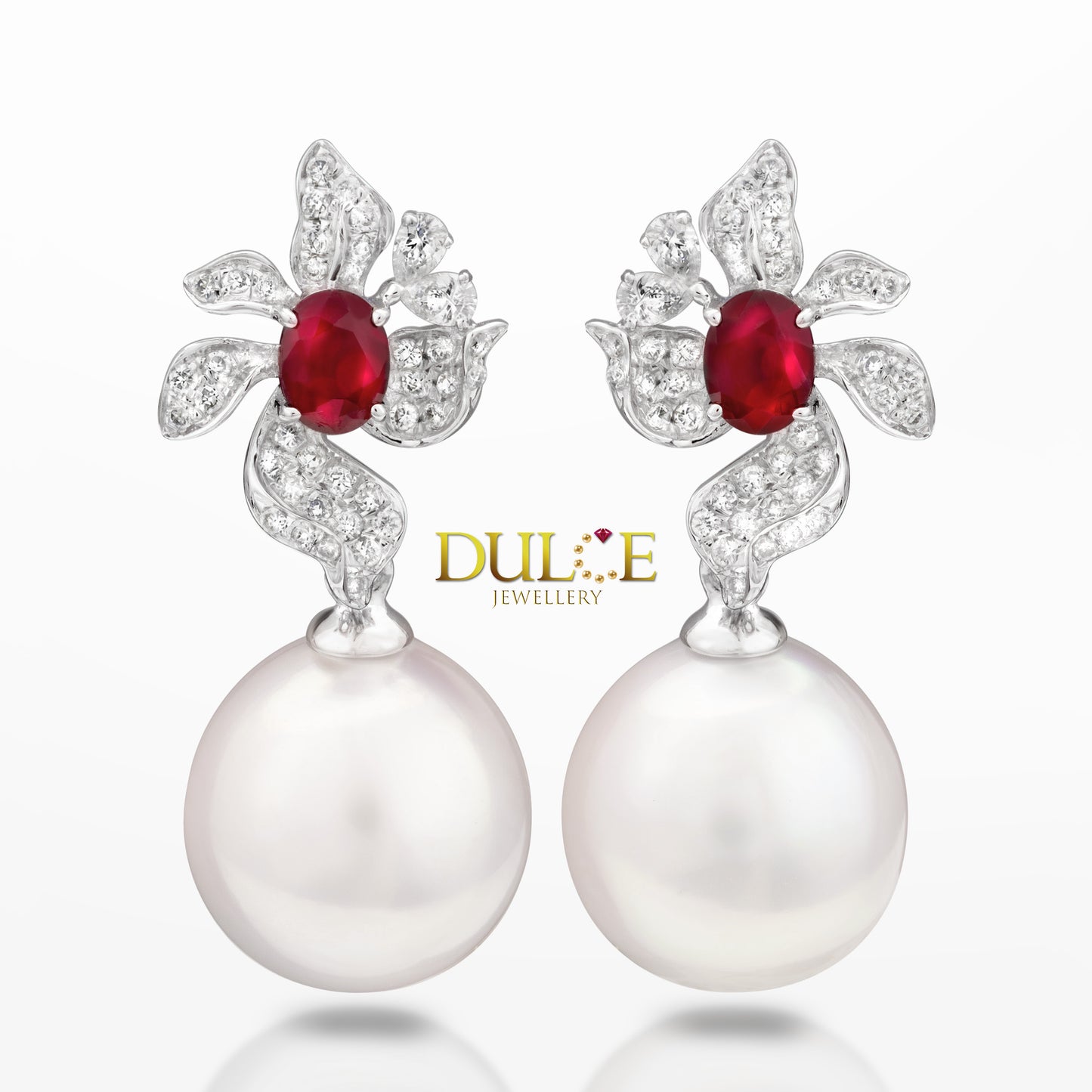 18K Gold Ruby & White Southsea Pearls Diamond Earrings