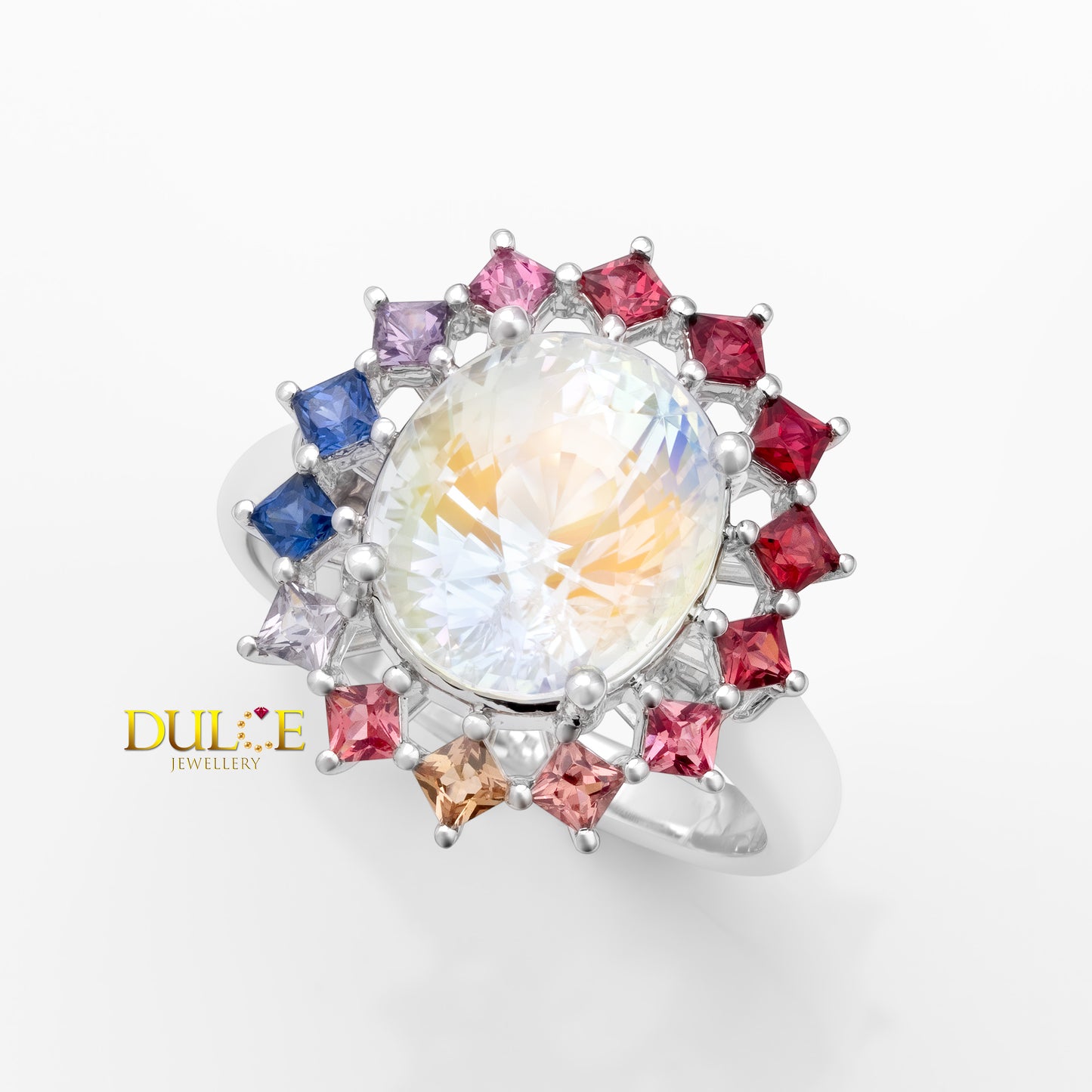 14K 金彩虹月光石和尖晶石戒指