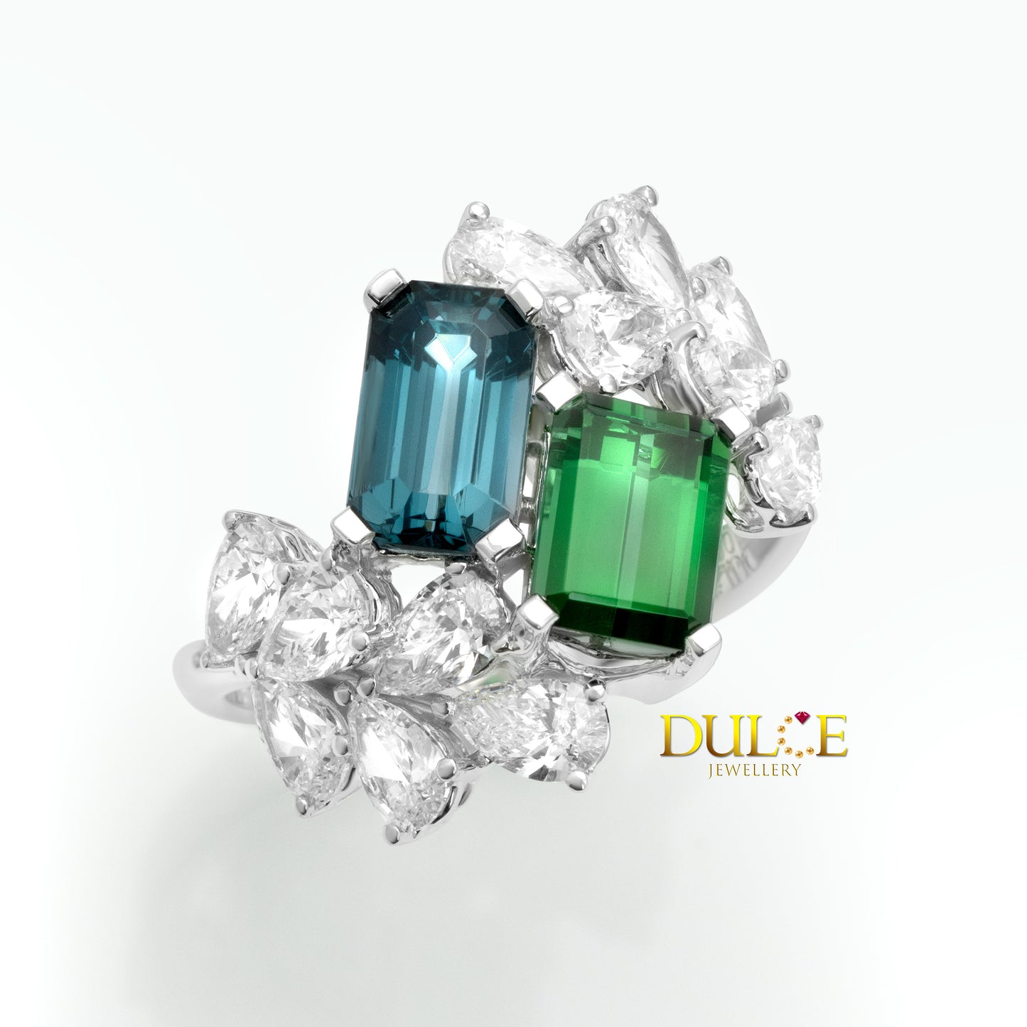 14K Blue Spinel & Green Tourmaline Lab Grown Diamond Ring