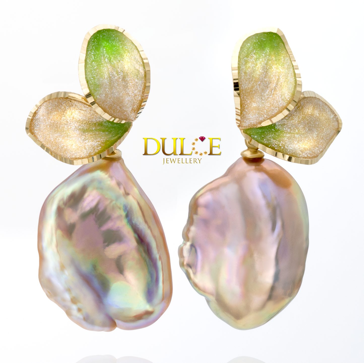18K Gold Freshwater Keshi Pearls Italian Enamel Earrings