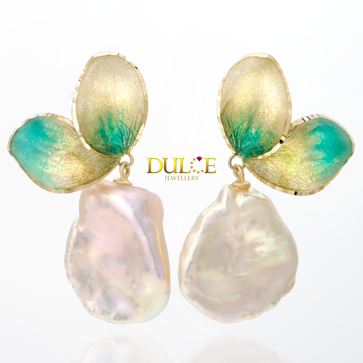 18K Gold Freshwater Keshi Pearls Italian Enamel Earrings