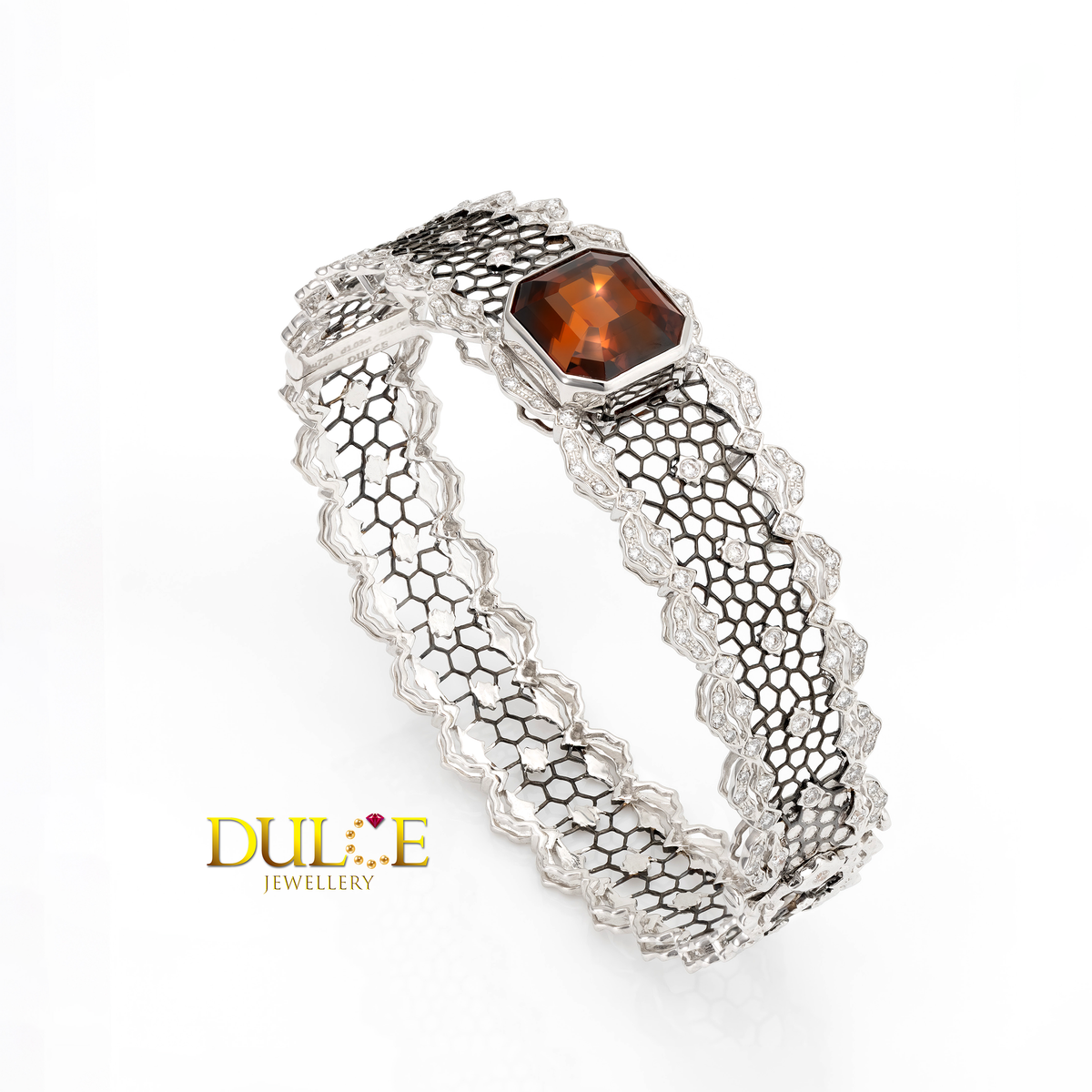 18K Gold Red Zircon & Diamond Lace Bangle