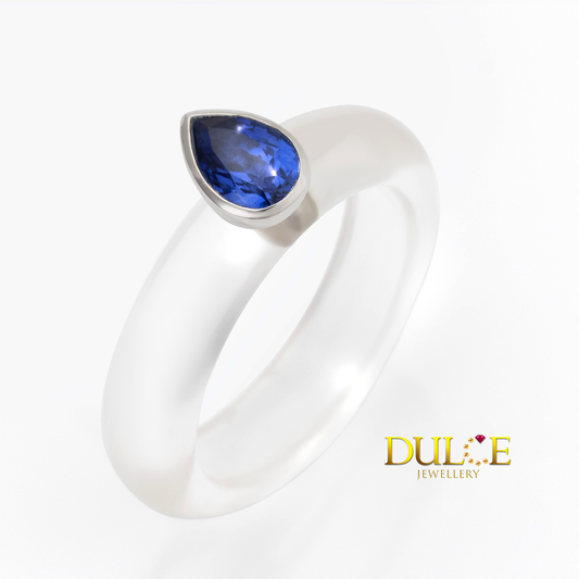 18K Gold Blue Sapphire White Quartz Ring