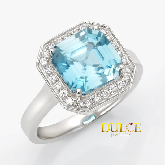 18K Gold Blue Zircon & Diamond Ring