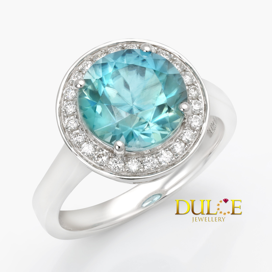 18K Gold Blue Zircon & Diamond Ring