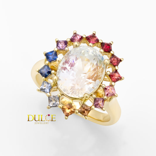 14K Gold Rainbow Moonstone & Spinel Ring