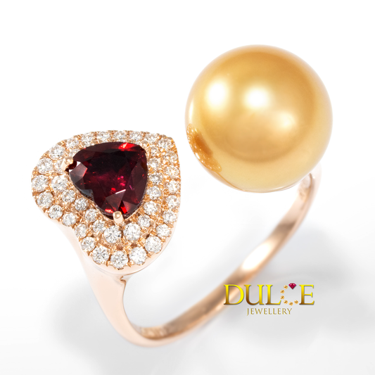 18K 金紅寶石（未加熱）和南洋金珠鑽石戒指 (GRRUBY&amp;P112) 