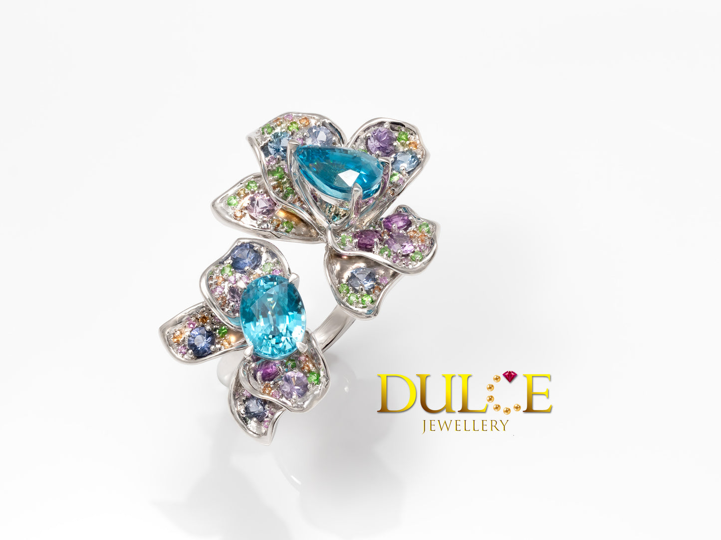 18K Gold Blue Zircon , Multi-Color Gemstones Floral Ring (GRBZMC5799)