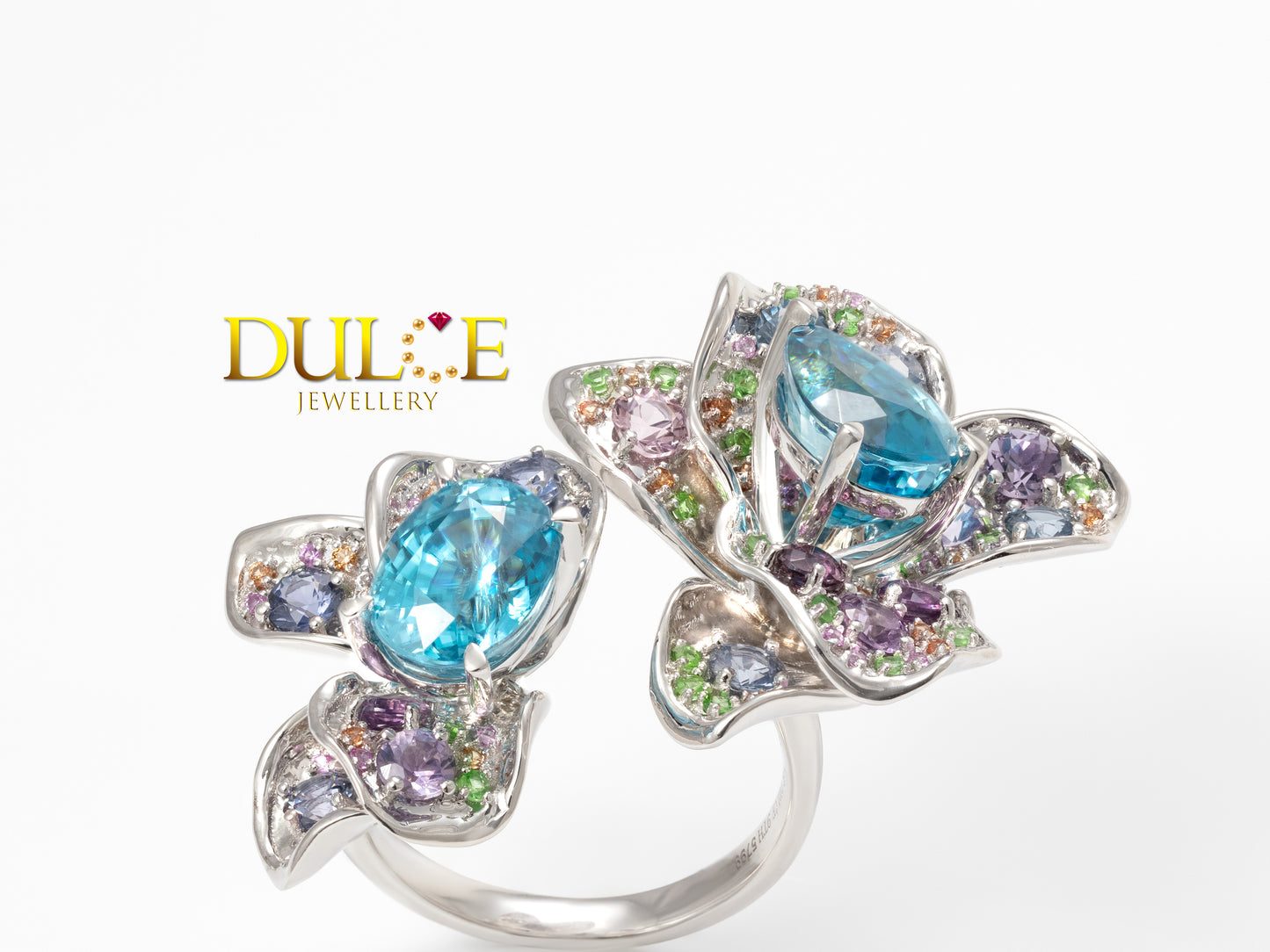 18K Gold Blue Zircon , Multi-Color Gemstones Floral Ring (GRBZMC5799)