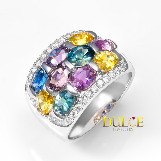 18K Gold Multi-color Sapphire Diamond Ring(GRSAP&D3108)
