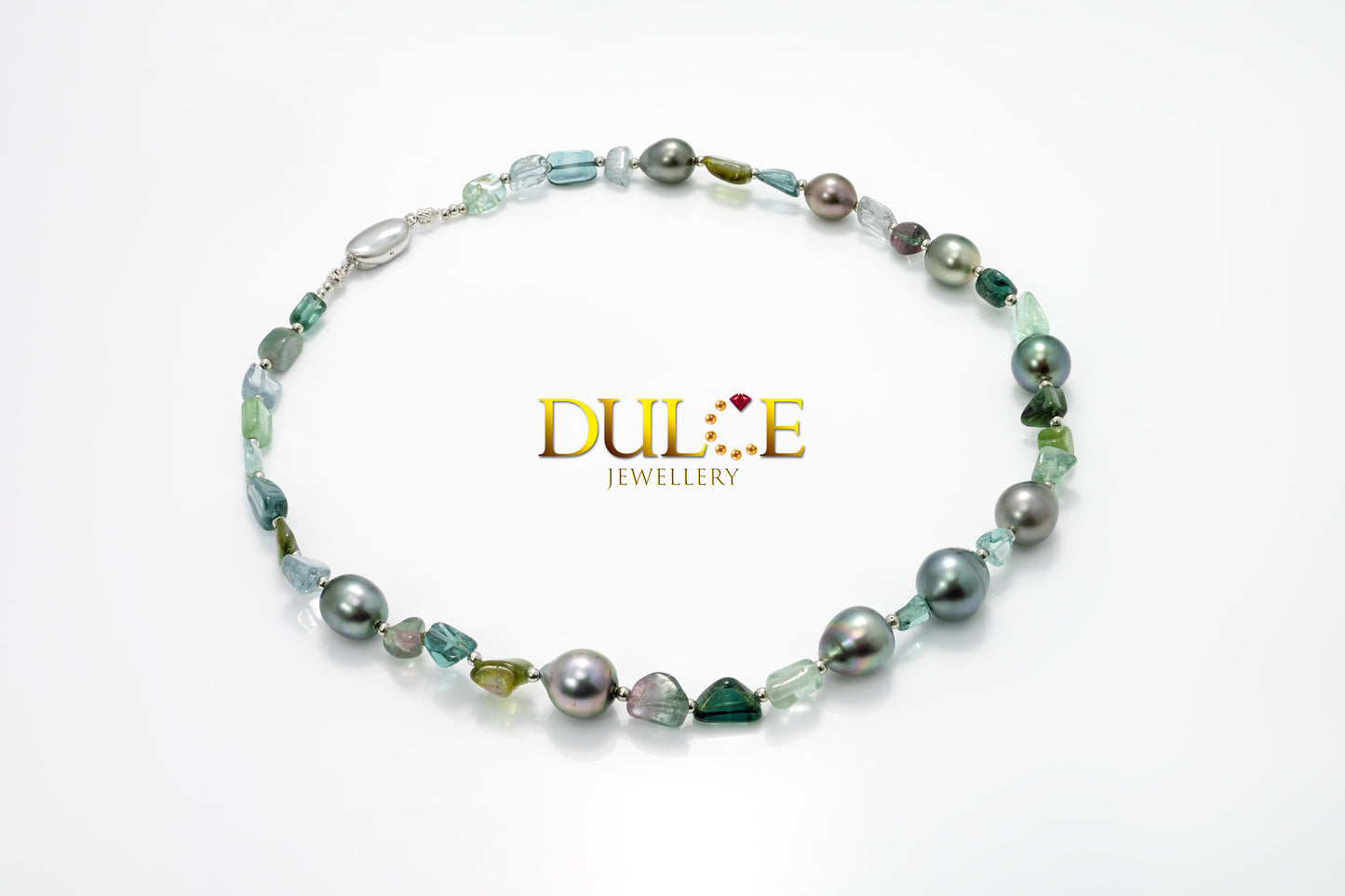 Silver Tourmaline Tahitian Pearls Necklace