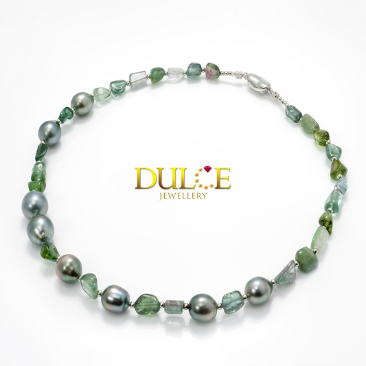 Silver Tourmaline Tahitian Pearls Necklace
