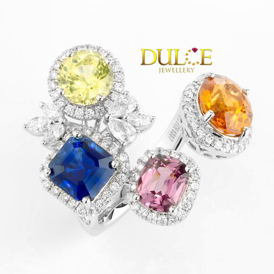 18K Gold Sapphire, Spinel & Fanta Diamond Ring