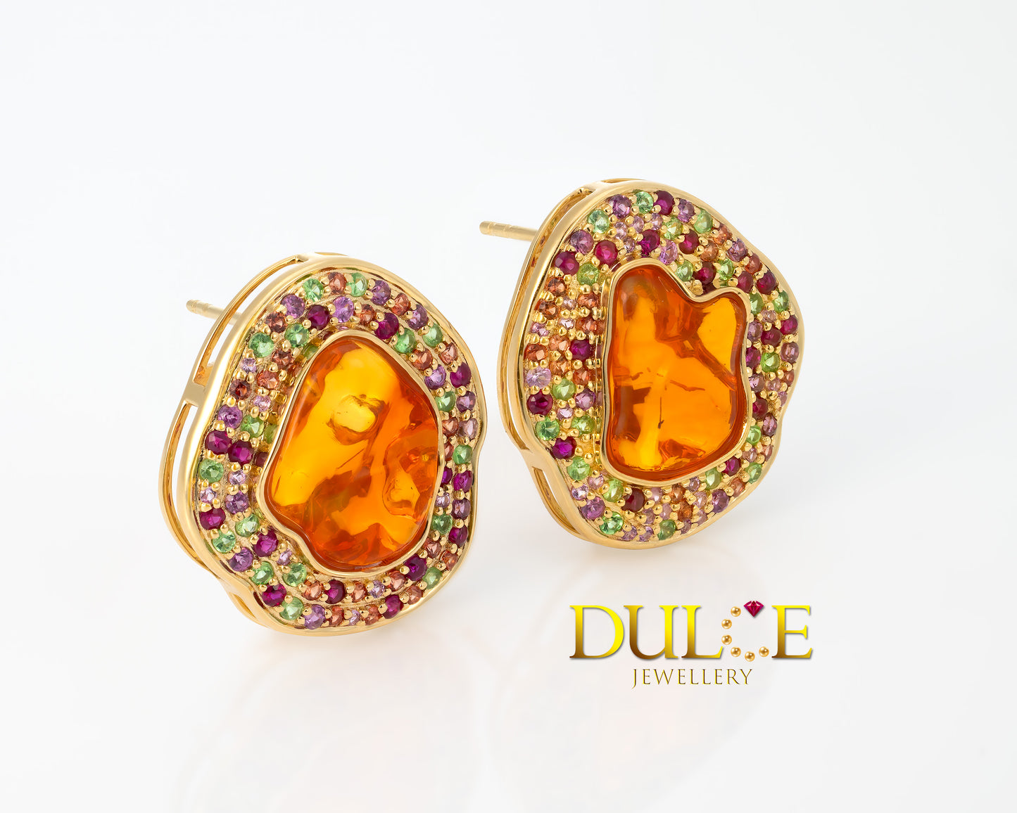 18K Gold Fire Opal & Multi-color Gemstone Earrings