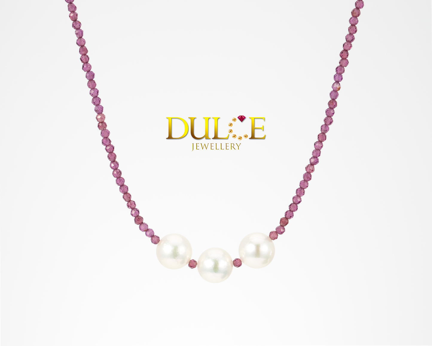18K Gold 8mm Akoya Pearls & Rhodolite Garnet Beads Necklace