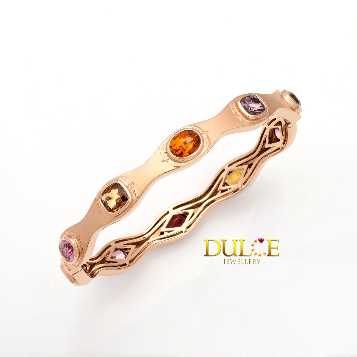 14K Gold Padparadscha, Fanta Garnet & Spinel Bangle