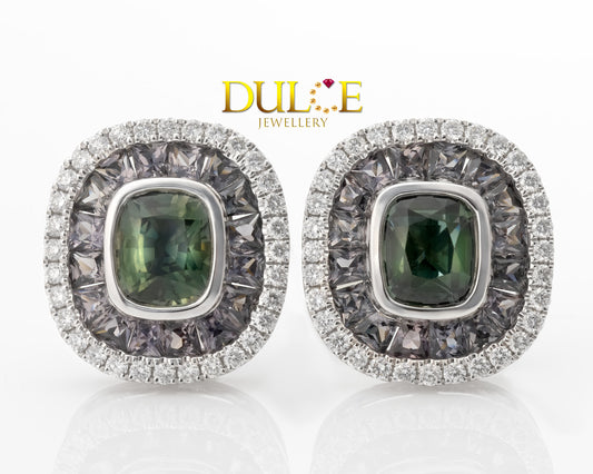 18K Gold Green Sapphire & Spinel Earrings