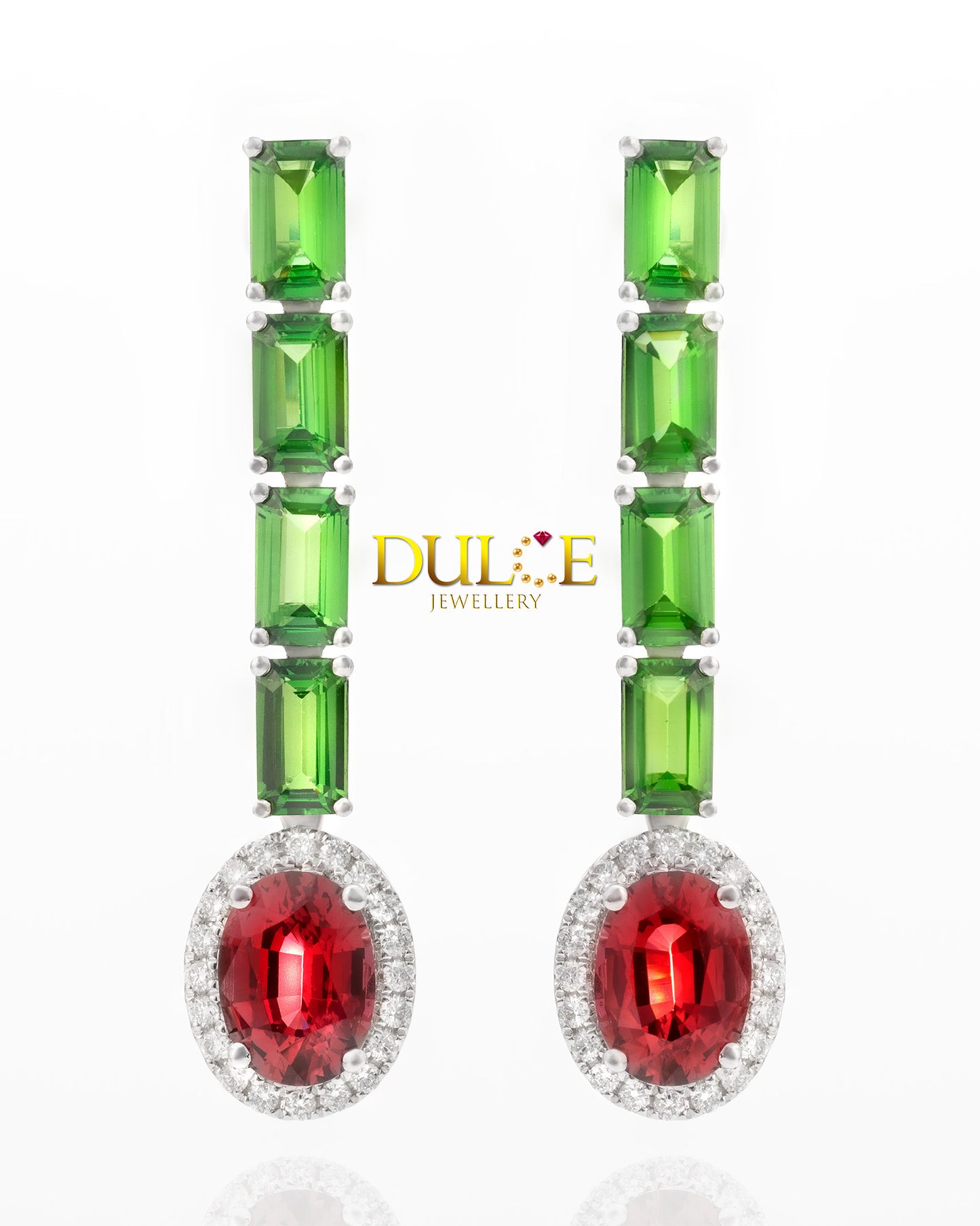 14K Gold Red Spinel & Tsavorite Diamond  Earrings
