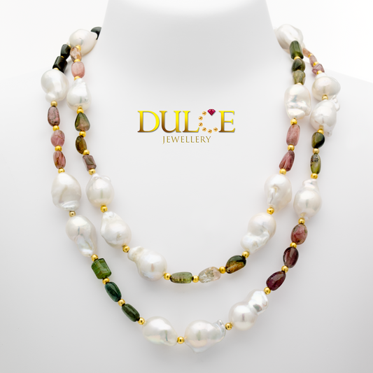 Silver Clasp Tourmaline & Freshwater Baroque Pearls Necklace