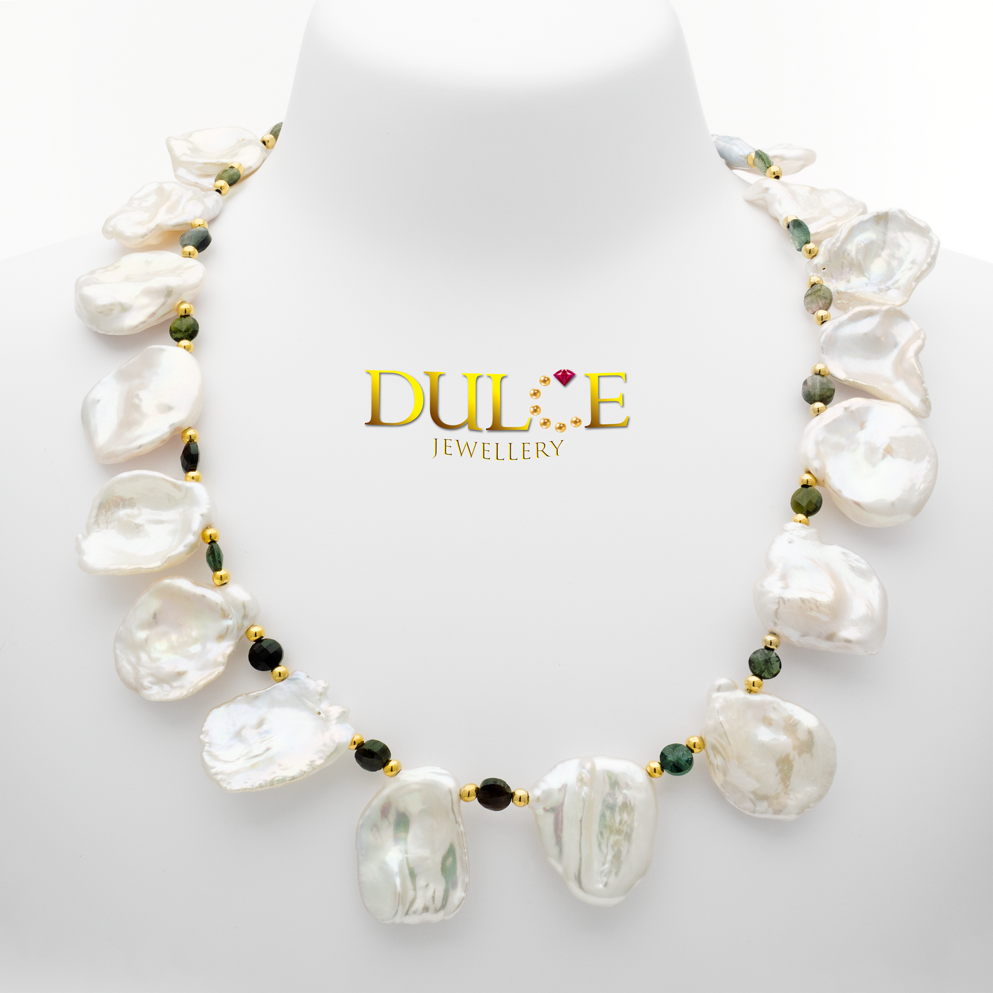Silver 14-20mm Metallic Keshi Pearls & Tourmaline Necklace