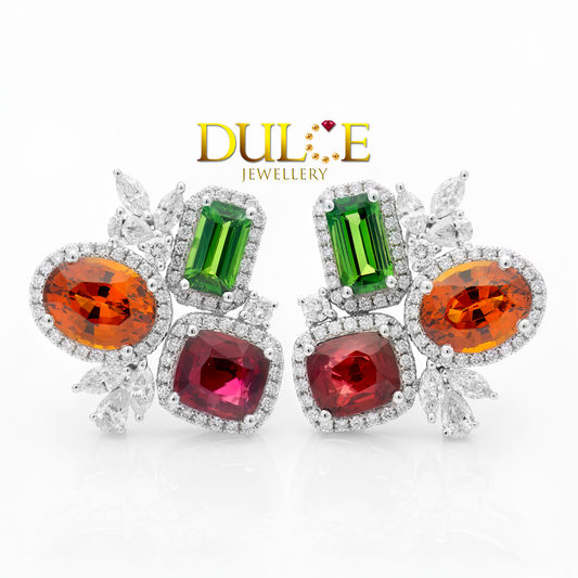 18K Red Spinel, Fanta Garnet & Tsavorite Diamond Earrings