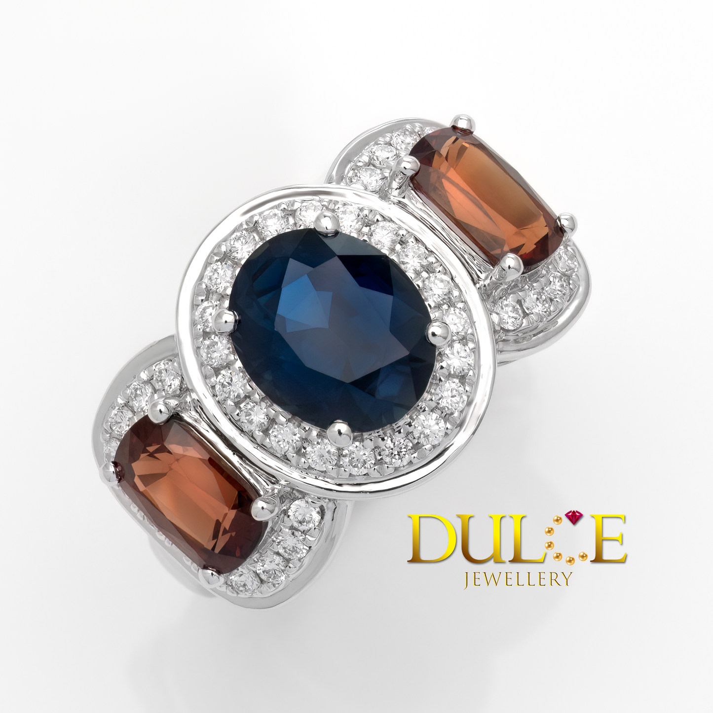 18K Royal Blue Sapphire & Red Spinel Diamond Ring
