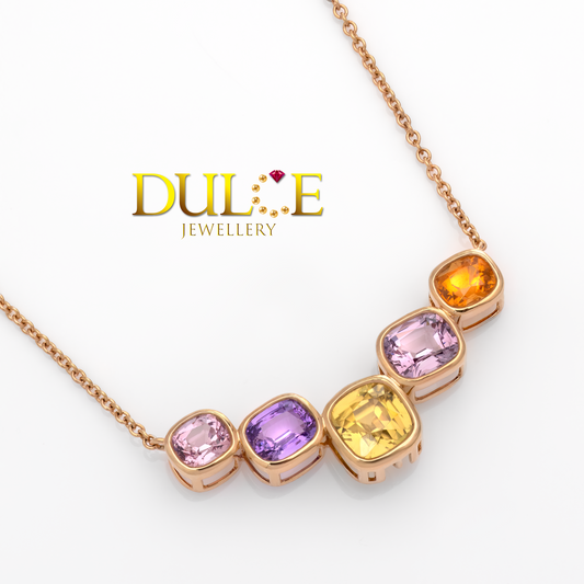 18K Gold Sapphire, Spinel , Fanta Garnet & Zircon Necklace