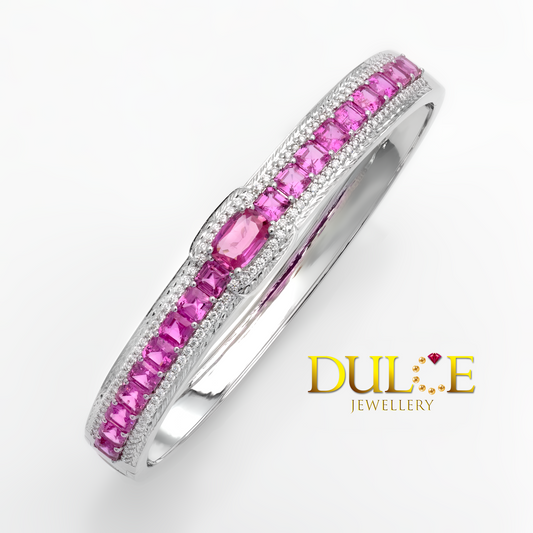 14K White Gold Hot Pink Sapphire Diamond Bangle