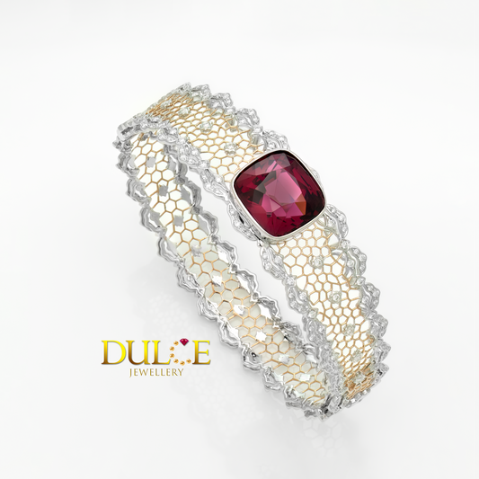 18K Gold Rhodolite Garnet Diamond Lace Bangle