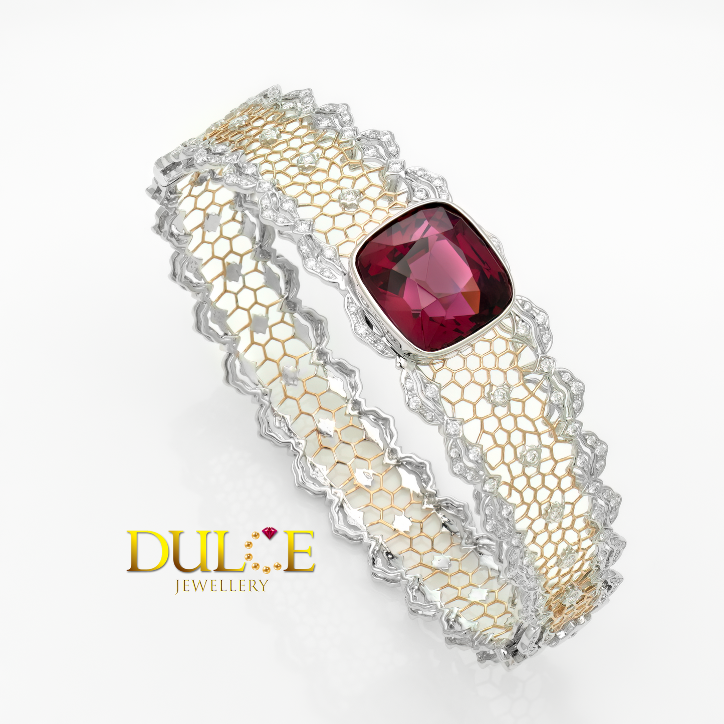 18K Gold Rhodolite Garnet Diamond Lace Bangle