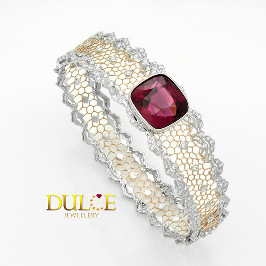 18K Gold Rhodolite Garnet Diamond Lace Bangle