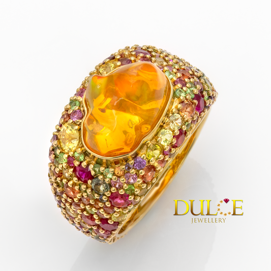 18K Gold Fire Opal & Multi-color Gemstone Ring