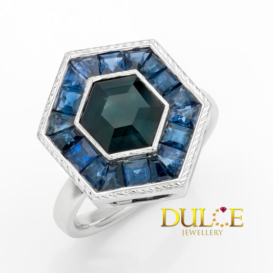 14K Teal Sapphire & Blue Sapphire Halo Dual Purpose Ring/Pendant