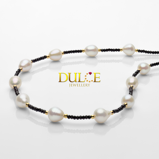 9-10mm Freshwater Baroque Pearls & Black Spinel Silver Clasp Necklace