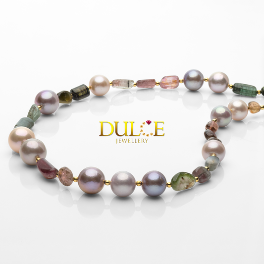 32 inches Silver Clasp Tourmaline & Freshwater Pearls Necklace