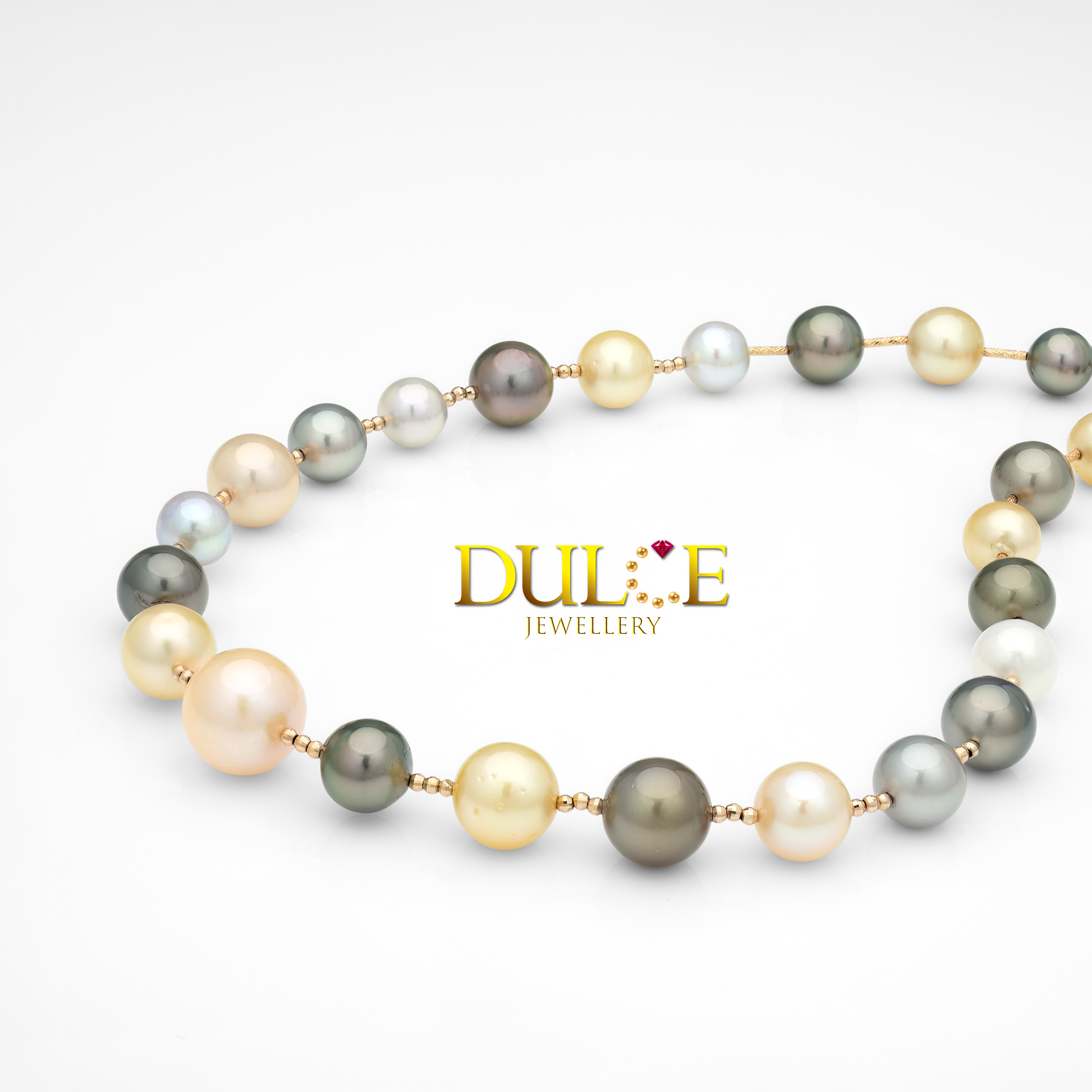Pearl necklace with Dulee Jewellery logo on a white background