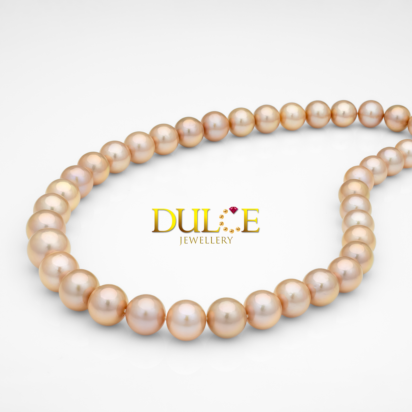 Pearl necklace with 'Dulce Jewellery' logo on a light background