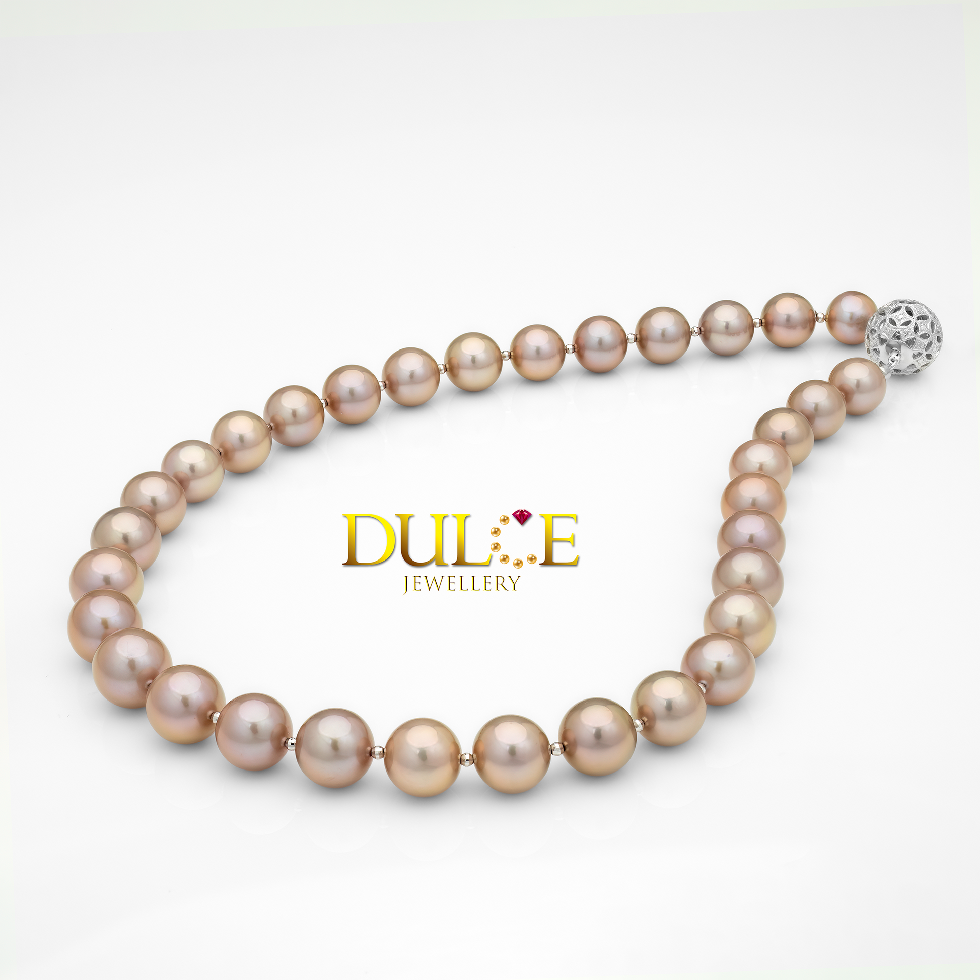 Pearl necklace with a silver clasp on a white background, featuring the Dulce Jewellery logo.