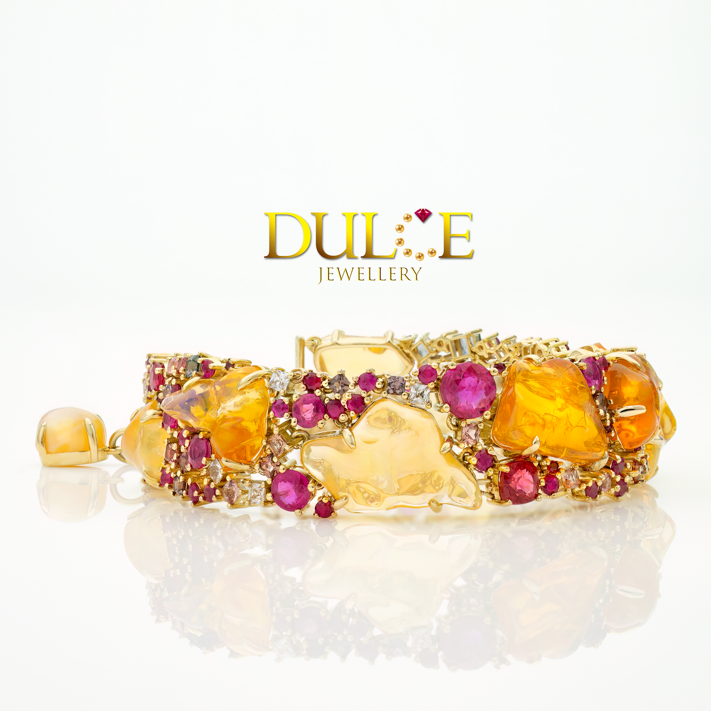 9K 墨西哥火蛋白石、紅寶石和藍寶石手鍊