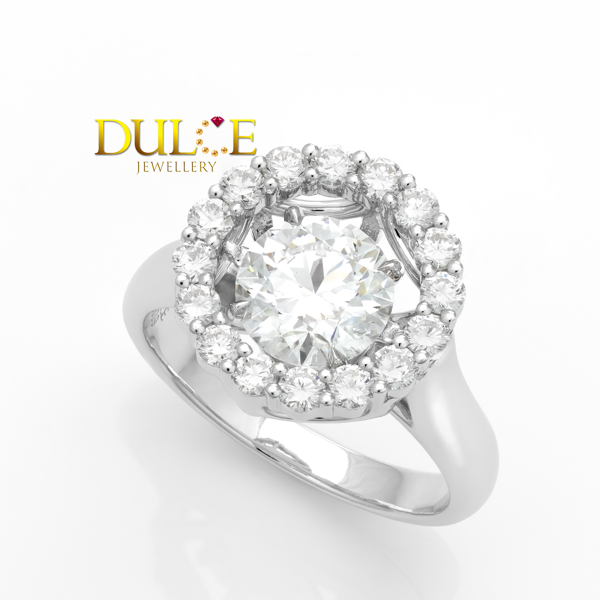 Diamond ring with a halo of smaller diamonds on a white background, featuring the Dulee Jewellery logo.
